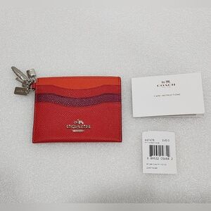 Coach Red Multi Leather Card Holder with Charm